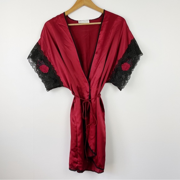 Vintage 90s Dark Red Maroon Silky Lace Trimmed Lingerie Robe - Picture 1 of 7